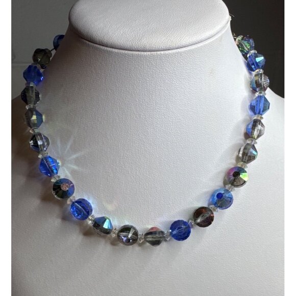 Faceted Blue Aurora Borealis and Clear Crystal Beaded Necklace Hobe Vintage - Picture 7 of 9